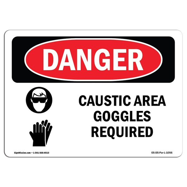 OSHA Sign, Caustic Area Goggles Required, 5in X 3.5in Decal, 10PK, 3.5" H, 5" W, Landscape, PK10